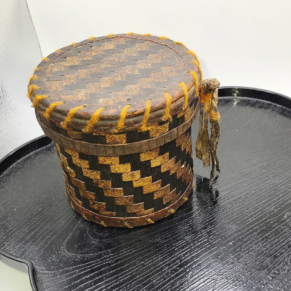 Vintage Brown and Black Woven Storage Basket